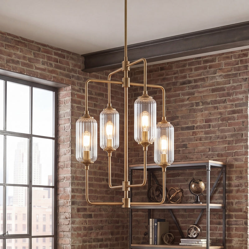 Savoy Essentials Holton 4Lt 28" Chandelier, Brass/Clear Ribbed