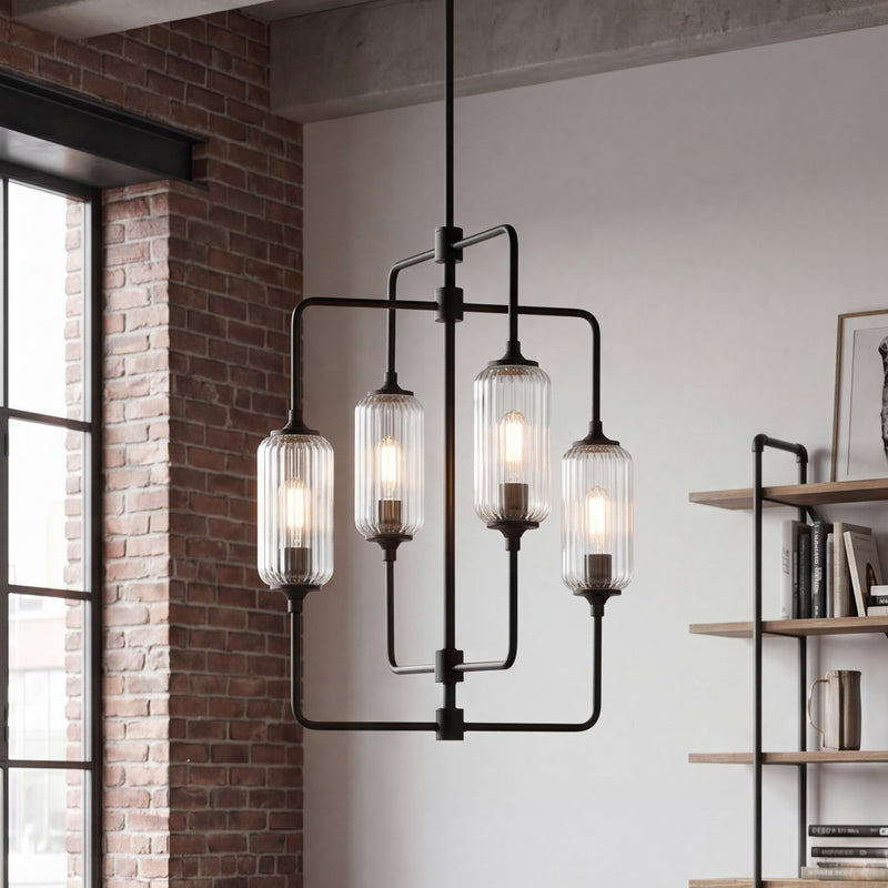 Savoy Essentials Holton 4Lt 28" Chandelier, Black/Clear Ribbed