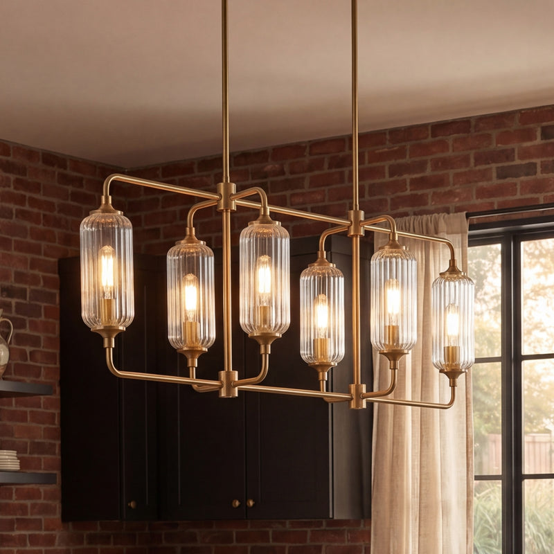 Savoy Essentials Holton 6Lt Linear Chandelier, Brass/Clear Ribbed