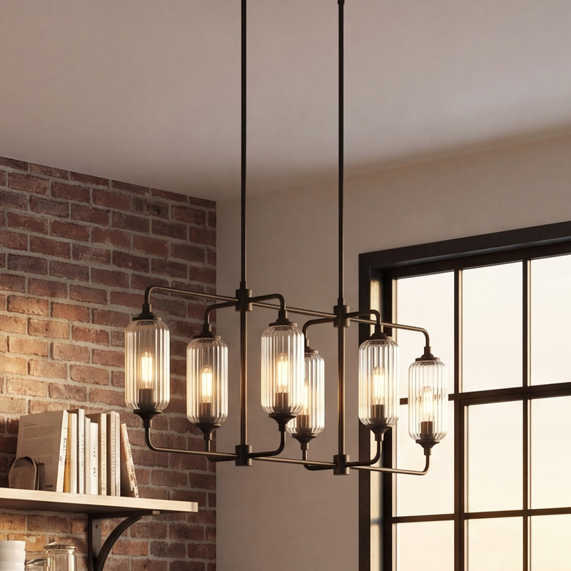 Savoy Essentials Holton 6Lt Linear Chandelier, Black/Clear Ribbed