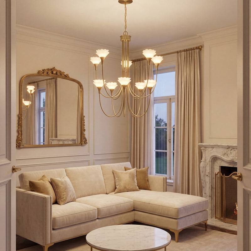 Savoy House Florena 10 Lt Chandelier, White, Noble Brass