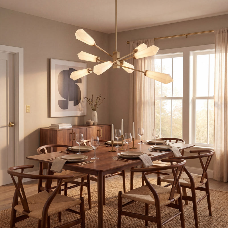 Savoy House Leland 8 Lt Chandelier, White Opal, Noble Brass