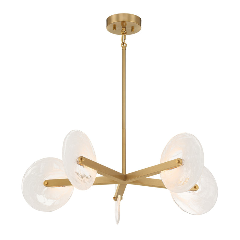 Savoy House Ainslie 30in 5-Light LED Chandelier | Modern Warm Brass Metal and Strie Glass | Dining Room & Living Room | 30 x 30 x 8 in | Model 1-9305-5-322