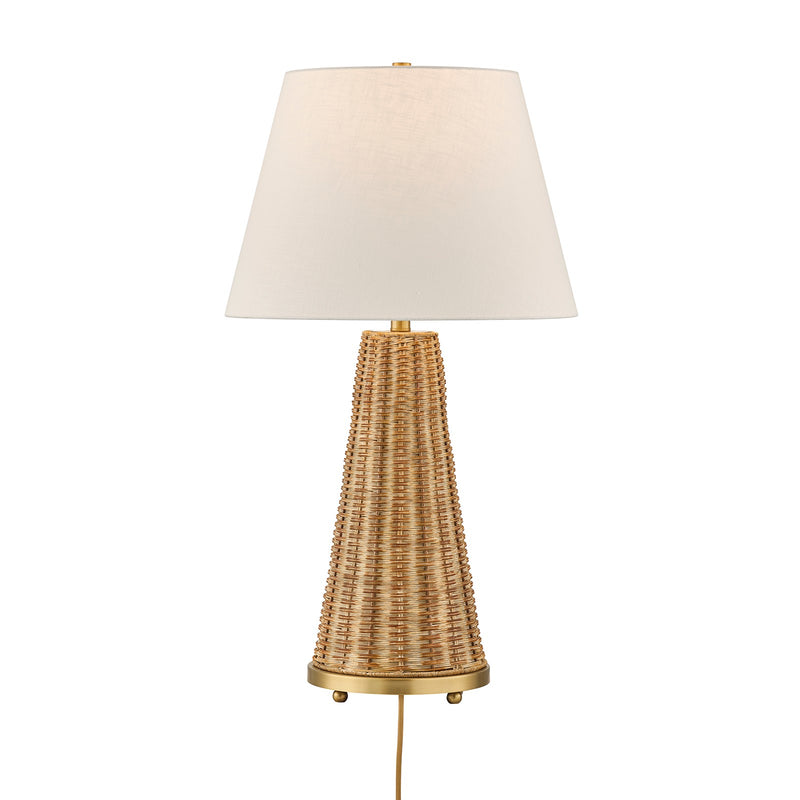 Savoy House Eleanor 1-Light Table Lamp | Coastal Brass and Wicker Body with White Linen Shade | Living Room & Bedroom Accent | 32.5in | Model 11-CD27