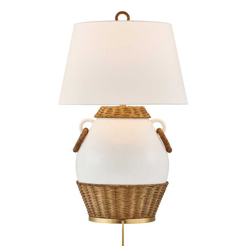 Savoy House Penelope 1-Light Table Lamp | Coastal White Ceramic and Rattan with White Linen Shade | Bedroom & Living Room Accent | 21 x 21 | Model 11-CD29