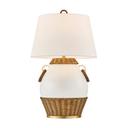 Savoy House Penelope 1-Light Table Lamp | Coastal White Ceramic and Rattan with White Linen Shade | Bedroom & Living Room Accent | 21 x 21 | Model 11-CD29