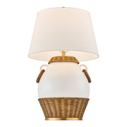 Savoy House Penelope 1-Light Table Lamp | Coastal White Ceramic and Rattan with White Linen Shade | Bedroom & Living Room Accent | 21 x 21 | Model 11-CD29