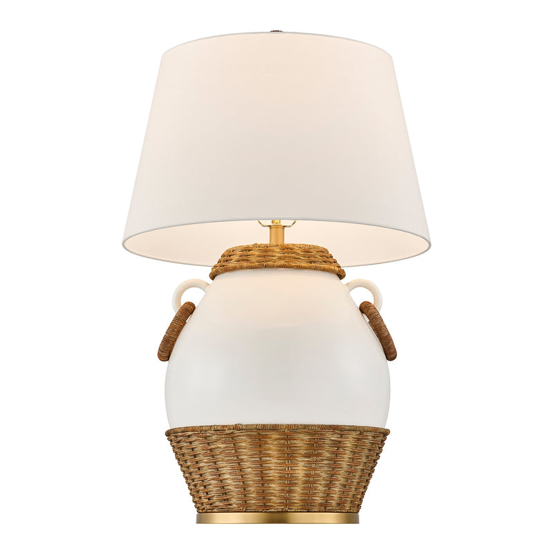 Savoy House Penelope 1-Light Table Lamp | Coastal White Ceramic and Rattan with White Linen Shade | Bedroom & Living Room Accent | 21 x 21 | Model 11-CD29