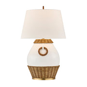 Savoy House Penelope 1-Light Table Lamp | Coastal White Ceramic and Rattan with White Linen Shade | Bedroom & Living Room Accent | 21 x 21 | Model 11-CD29