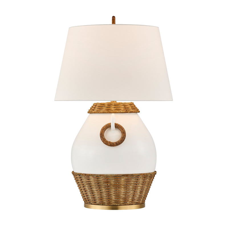 Savoy House Penelope 1-Light Table Lamp | Coastal White Ceramic and Rattan with White Linen Shade | Bedroom & Living Room Accent | 21 x 21 | Model 11-CD29