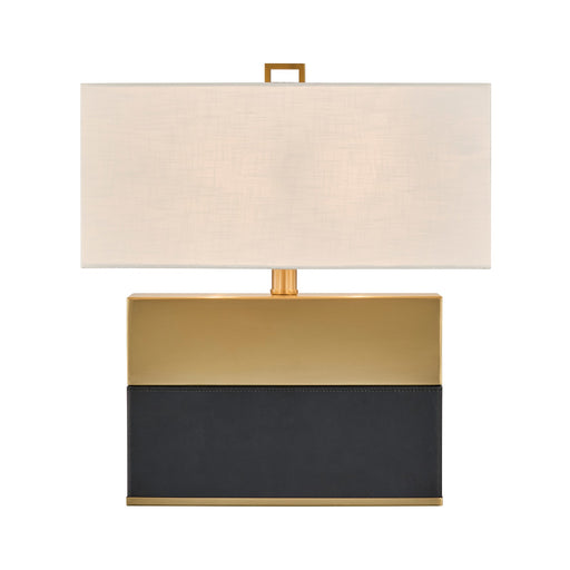 Savoy House Oliver 15.5in 1-Light Table Lamp | Modern Honey Brown and Black Faux Leather and White Linen | Bedroom & Living Room | 8 in | Model 11-CD33-HBBK