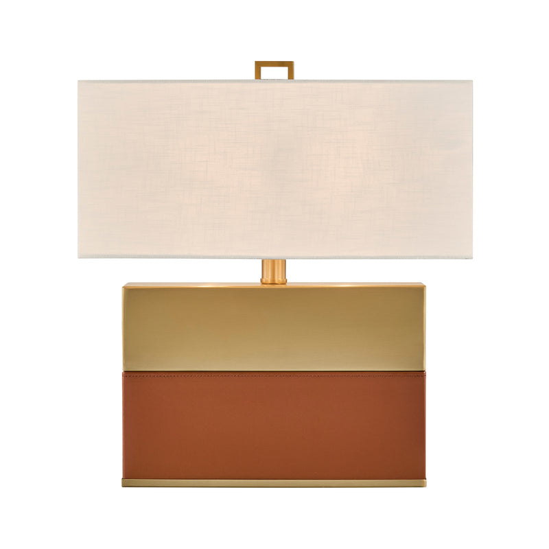 Savoy House Oliver 15.5in 1-Light Table Lamp | Modern Honey Brown Faux Leather and Warm Brass Metal with White Linen Shade | Bedside | Model 11-CD33-HBBR