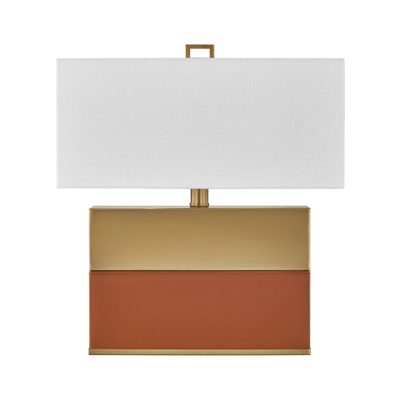 Savoy House Oliver 15.5in 1-Light Table Lamp | Modern Honey Brown Faux Leather and Warm Brass Metal with White Linen Shade | Bedside | Model 11-CD33-HBBR