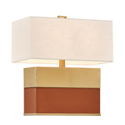 Savoy House Oliver 15.5in 1-Light Table Lamp | Modern Honey Brown Faux Leather and Warm Brass Metal with White Linen Shade | Bedside | Model 11-CD33-HBBR