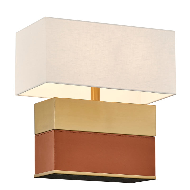 Savoy House Oliver 15.5in 1-Light Table Lamp | Modern Honey Brown Faux Leather and Warm Brass Metal with White Linen Shade | Bedside | Model 11-CD33-HBBR