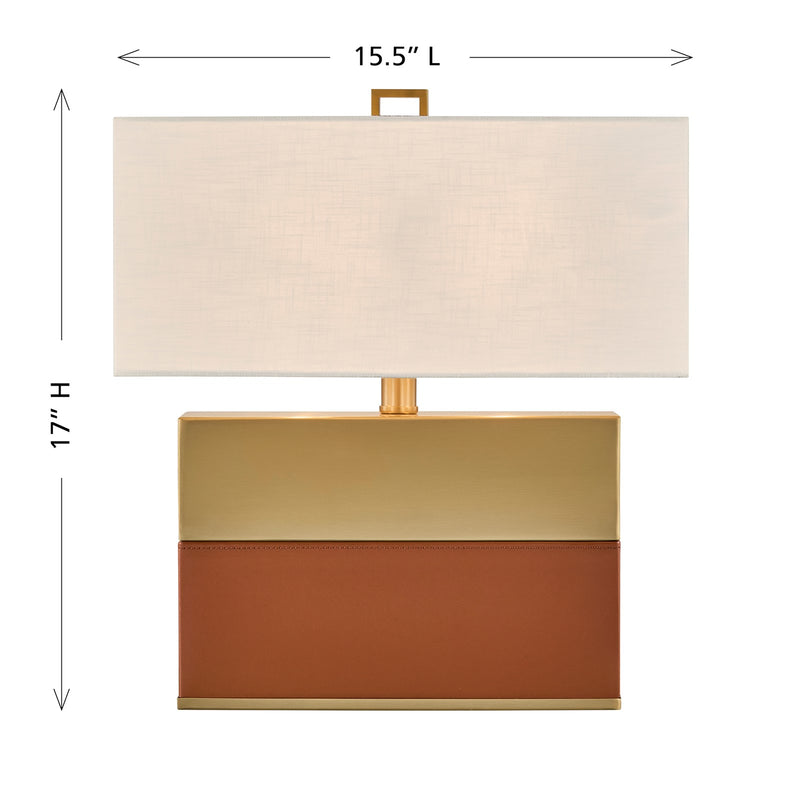 Savoy House Oliver 15.5in 1-Light Table Lamp | Modern Honey Brown Faux Leather and Warm Brass Metal with White Linen Shade | Bedside | Model 11-CD33-HBBR
