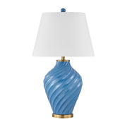Savoy House Viola 19in 1-Light Table Lamp | Soft Modern Blue Ceramic with White Linen Shade and Warm Brass Accents | Living Room & | Model 11-CD34-BL