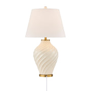 Savoy House Viola 19in 1-Light Table Lamp | Soft Modern White Ceramic with White Linen Shade and Warm Brass Accents | Living Room & | Model 11-CD34-WH