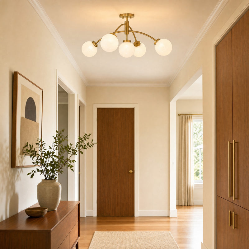 Savoy House Redfield 5 Light Semi-Flush, Brass/White Strie