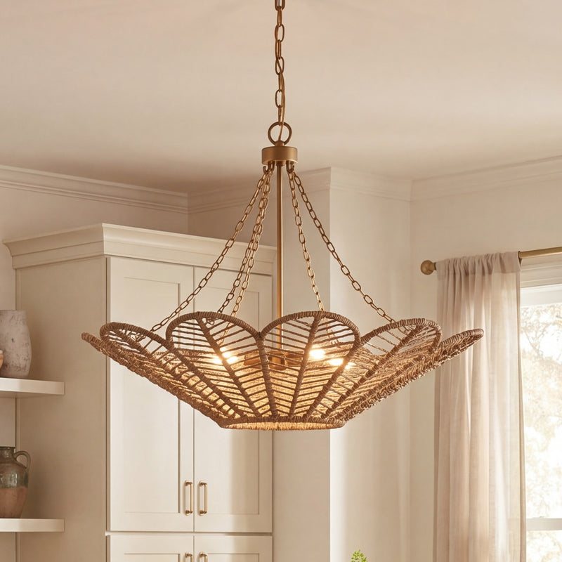 Savoy House Cyperas 5-Light Pendant, Warm Brass/Rope