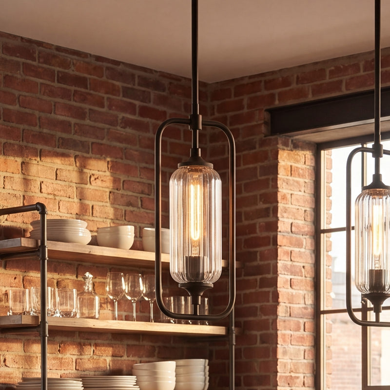 Savoy Essentials Holton 1Lt Mini-Pendant, Matte Black/Clear Ribbed