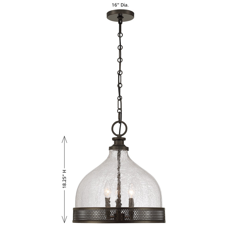 Savoy House Stern 16in 3-Light Pendant | Vintage Mediterranean Bronze and Clear Crackled Glass | Kitchen Island & Dining Room | 16 in | Model 7-3699-3-15