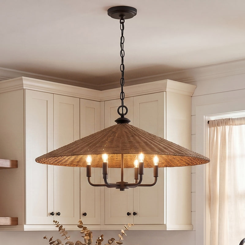 Savoy House Eman 6-Light Pendant, Matte Black/Dark Rattan