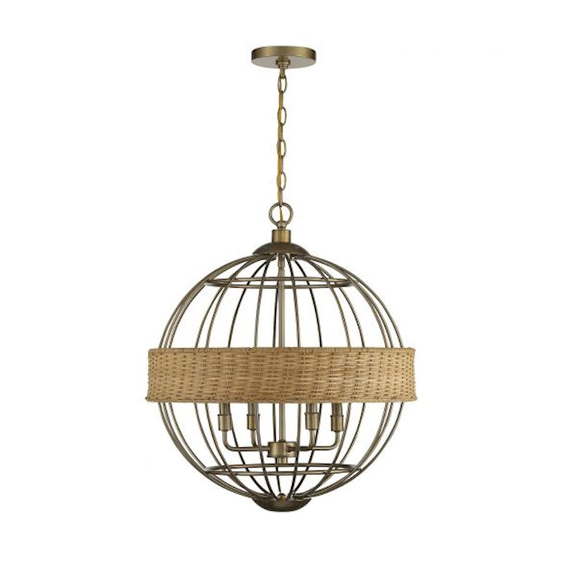 Savoy House Boreal 4 Light Pendant, Warm Brass/Natural Rattan