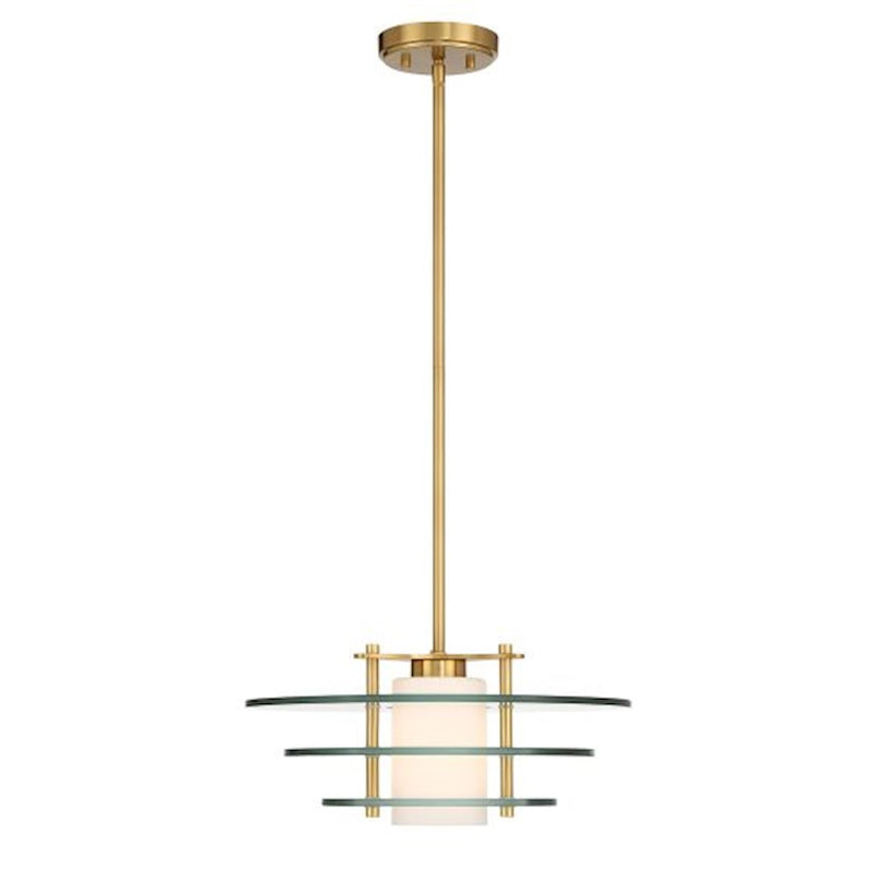 Savoy House Newell 1 Light Pendant, Warm Brass/Clear/White Opal