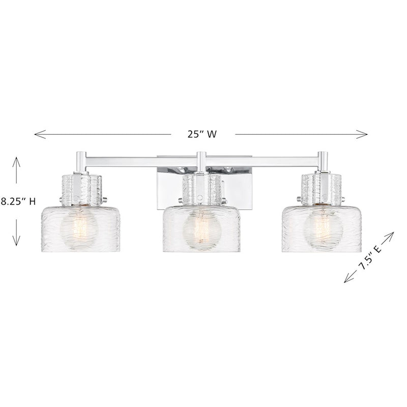 Savoy House Dover 3 Light Bath, Chrome/Clear Crinkle