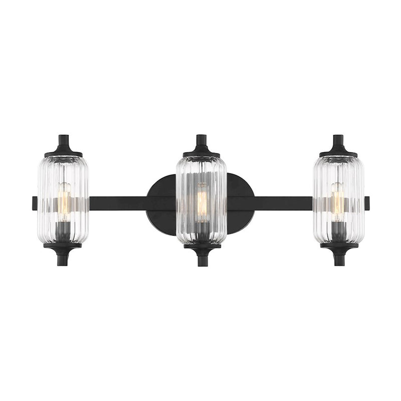 Savoy Essentials Holton 3 Light Bath, Matte Black/Clear Ribbed