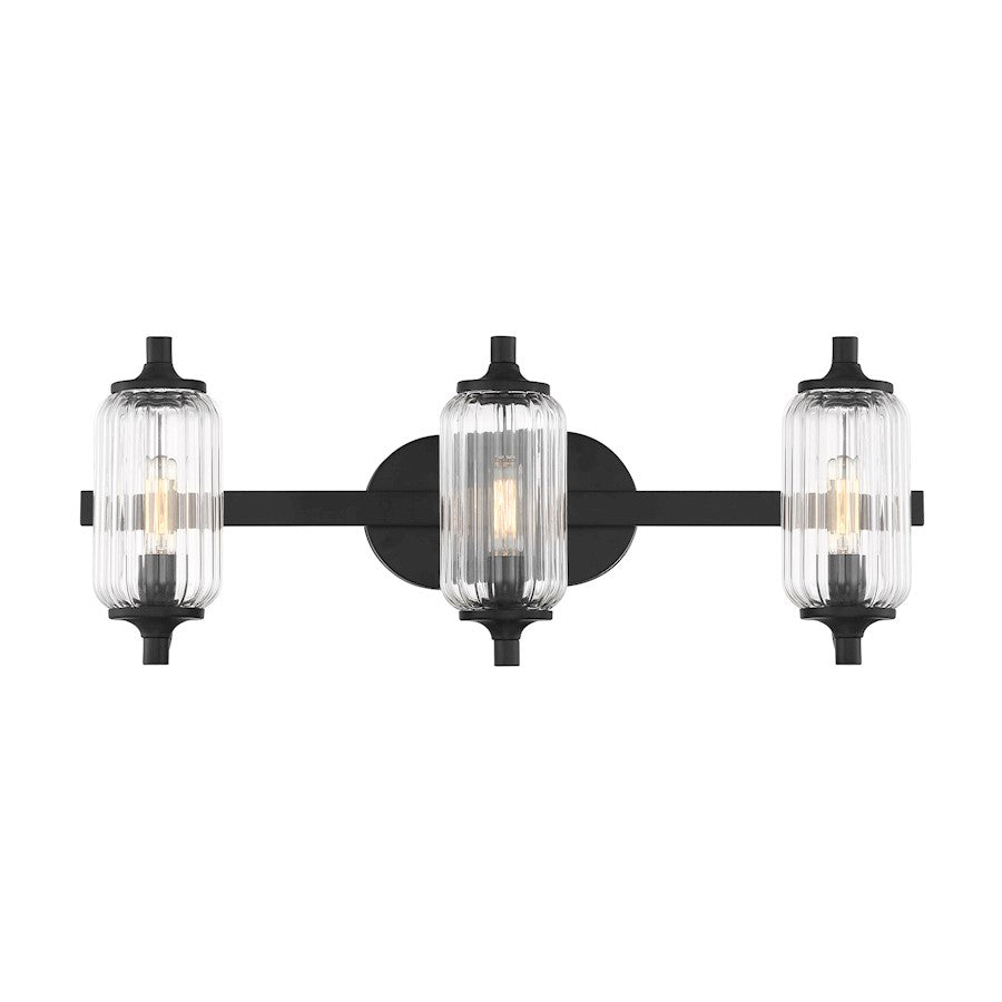 Savoy Essentials Holton 3 Light Bath, Matte Black/Clear Ribbed - 8-3024-3-BK