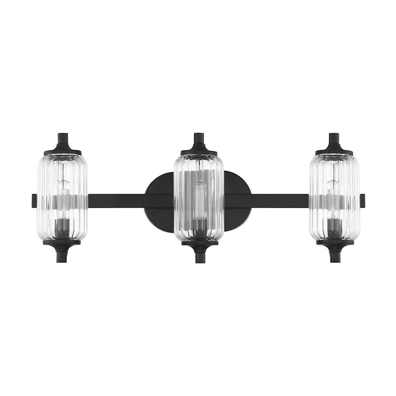 Savoy Essentials Holton 3 Light Bath, Matte Black/Clear Ribbed