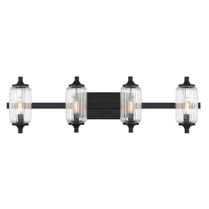 Savoy Essentials Holton 4 Light Bath, Matte Black/Clear Ribbed - 8-3024-4-BK