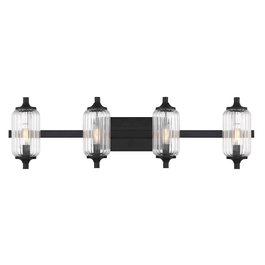 Savoy Essentials Holton 4 Light Bath, Matte Black/Clear Ribbed - 8-3024-4-BK