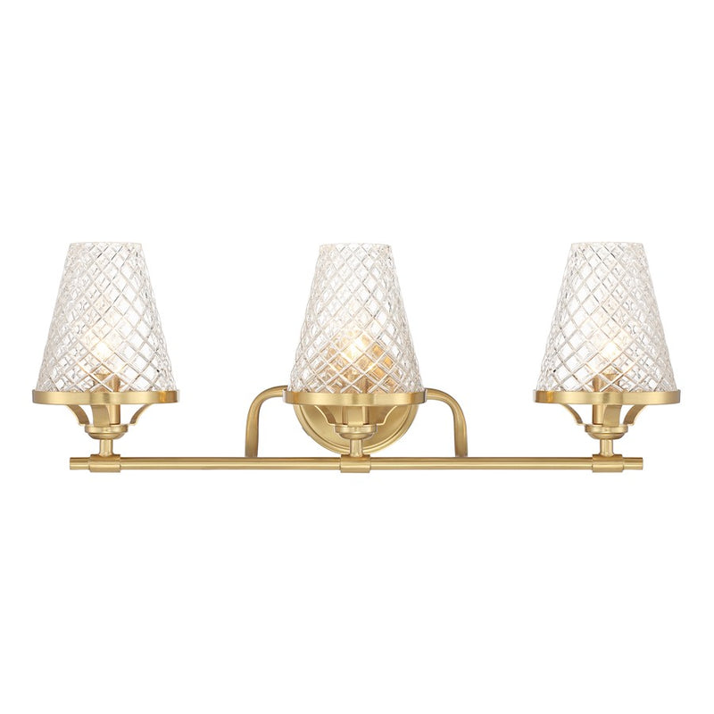 Savoy House Candler 3 Light Bath, Warm Brass/Clear