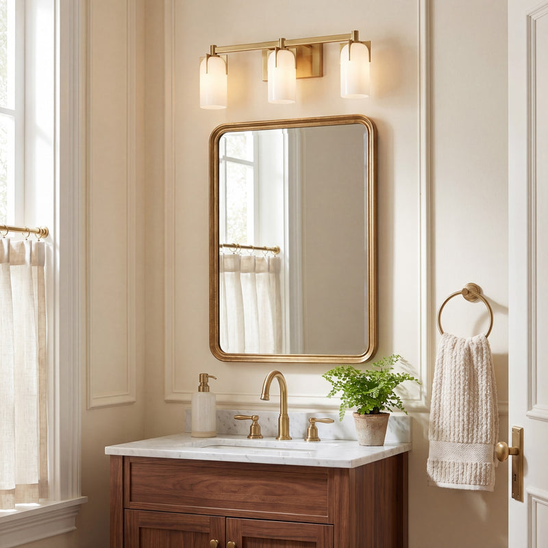 Savoy House Caldwell 3 Light Bath, Warm Brass/Etched White Opal