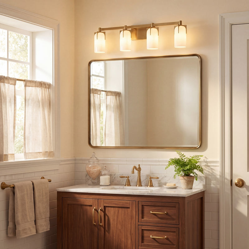 Savoy House Caldwell 4 Light Bath, Warm Brass/Etched White Opal