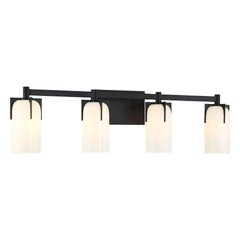 Savoy House Caldwell 4 Light Bath, Matte Black/Etched White Opal