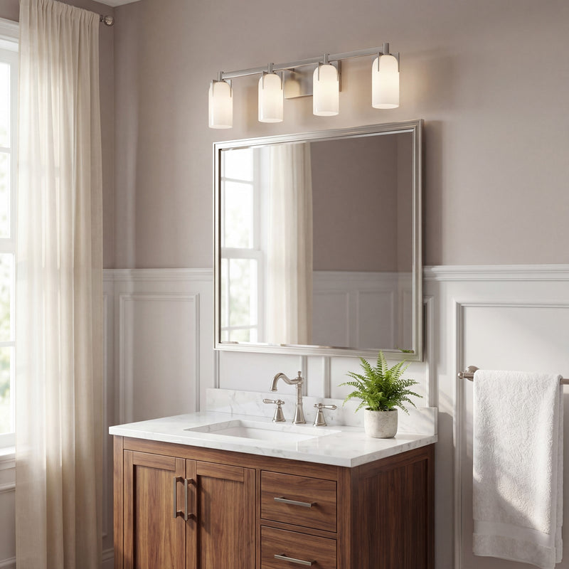 Savoy House Caldwell 4 Light Bath, Satin Nickel/Etched White Opal