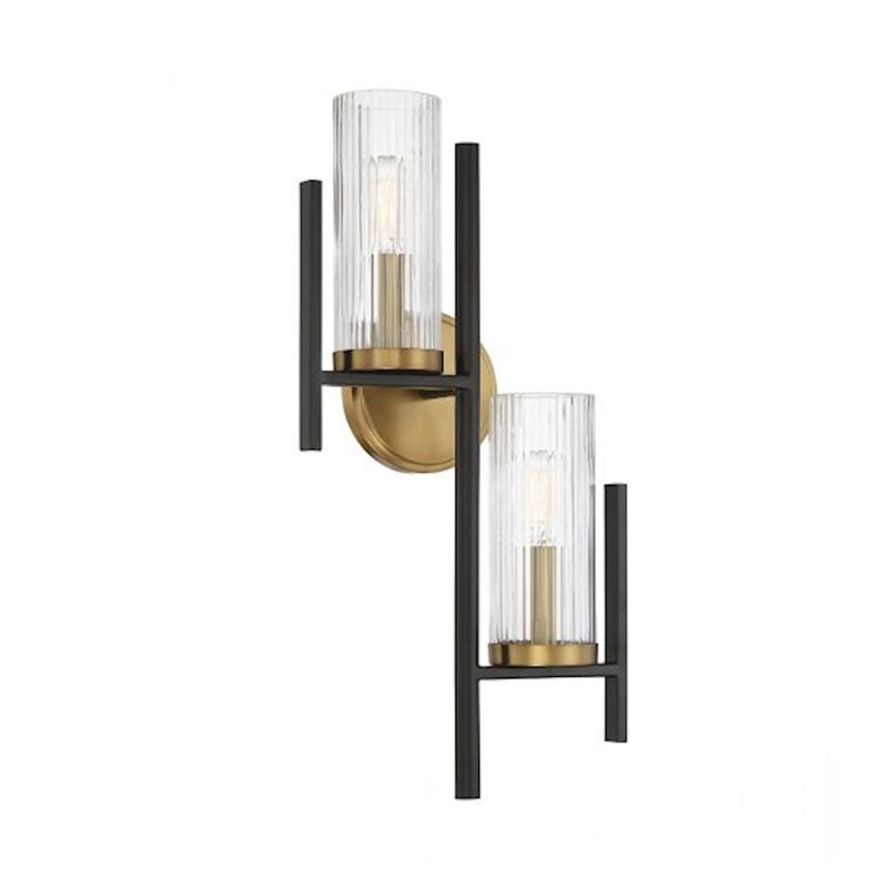 Savoy House Midland 2 Light Wall Sconce, Black/Brass/Clear Ribbed