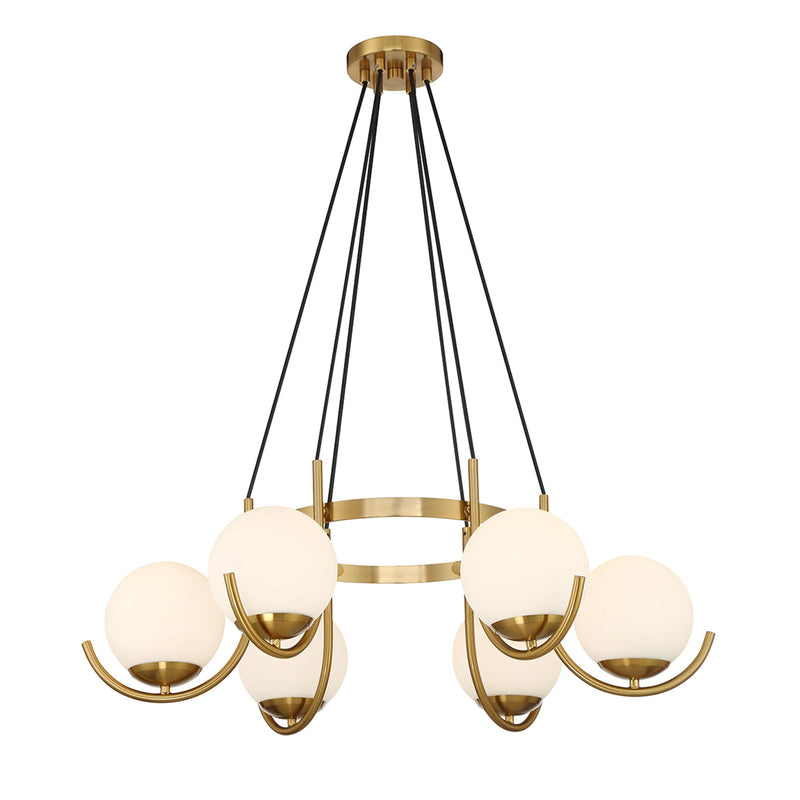 Savoy House Abella 31in 6-Light Chandelier | Mid-Century Modern Warm Brass and Opal Etched White Glass | Dining Room & Foyer | Model L1-1345-6-322