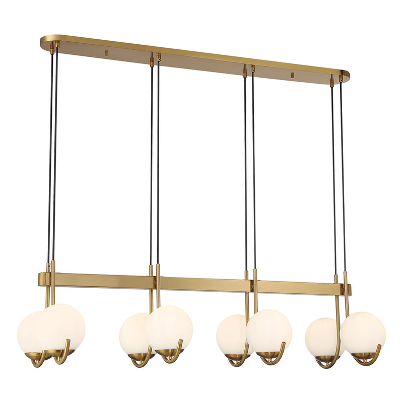 Savoy House Abella 46in 8-Light Linear Chandelier | Mid-Century Modern Warm Brass and Opal Etched White Glass | Kitchen Island | Model L1-1347-8-322