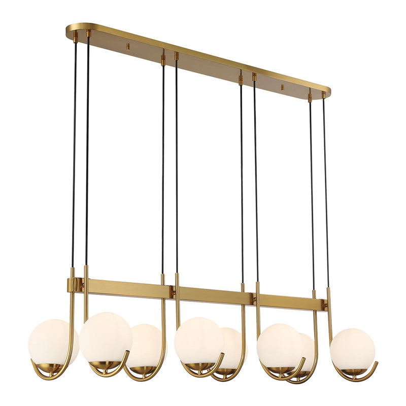 Savoy House Abella 46in 8-Light Linear Chandelier | Mid-Century Modern Warm Brass and Opal Etched White Glass | Kitchen Island | Model L1-1347-8-322