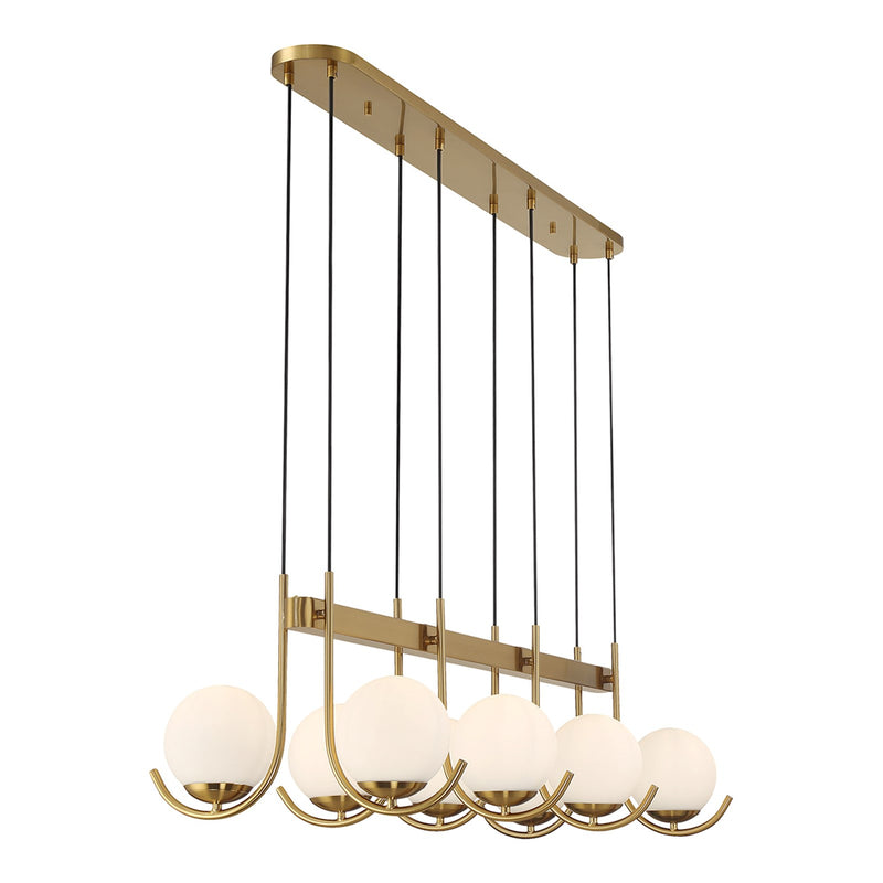 Savoy House Abella 46in 8-Light Linear Chandelier | Mid-Century Modern Warm Brass and Opal Etched White Glass | Kitchen Island | Model L1-1347-8-322