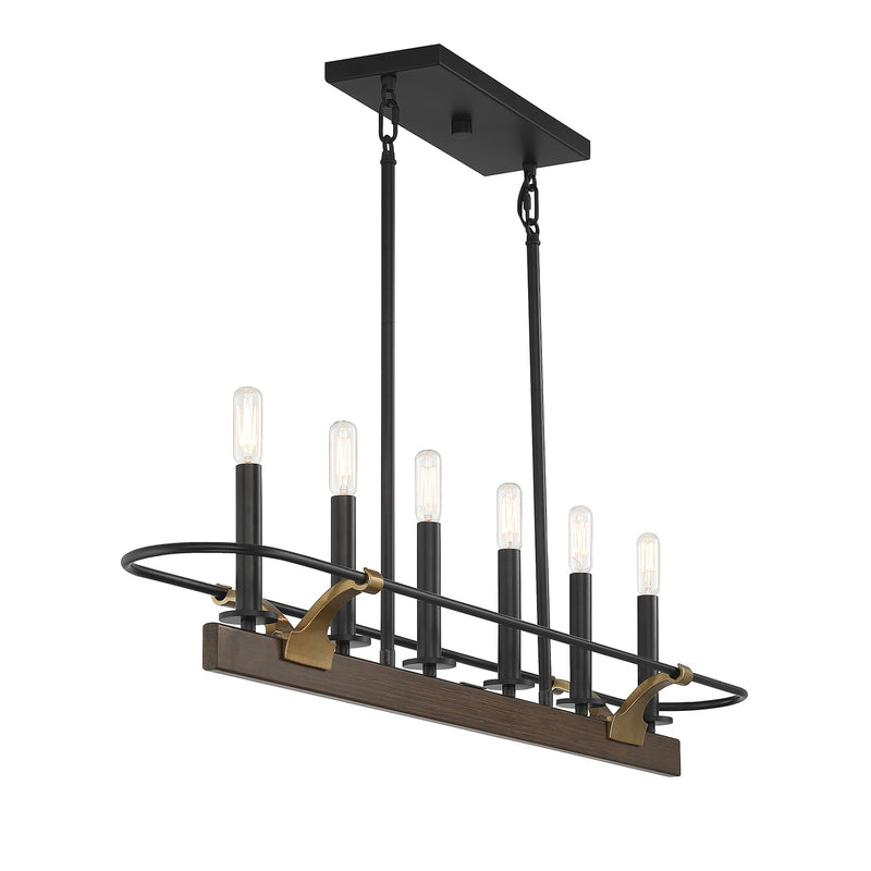 Savoy House Icarus 42in 6-Light Linear Chandelier | Tailored Burnished Brass and Walnut Metal | Kitchen Island & Dining Room | Model L1-2933-6-170