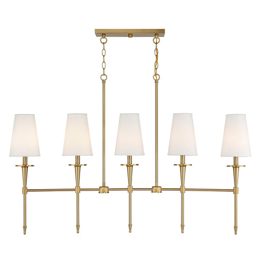 Savoy House Trundle 48in 5-Light Linear Chandelier | Neo-Traditional Warm Brass and White Linen | Kitchen Island & Dining Room | Model L1-5609-5-322