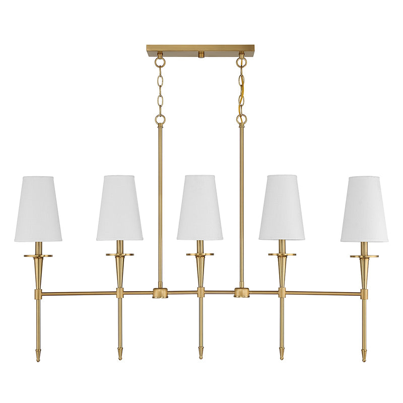 Savoy House Trundle 48in 5-Light Linear Chandelier | Neo-Traditional Warm Brass and White Linen | Kitchen Island & Dining Room | Model L1-5609-5-322