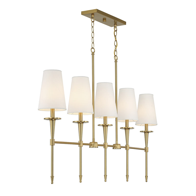 Savoy House Trundle 48in 5-Light Linear Chandelier | Neo-Traditional Warm Brass and White Linen | Kitchen Island & Dining Room | Model L1-5609-5-322