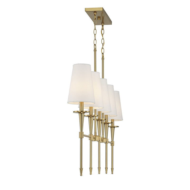 Savoy House Trundle 48in 5-Light Linear Chandelier | Neo-Traditional Warm Brass and White Linen | Kitchen Island & Dining Room | Model L1-5609-5-322